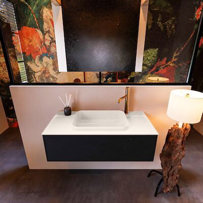 Badkamermeubelset Mondiaz Erin 100 cm met 1 Lade met RIDGE Wastafel Midden Linen met 1 kraangat Greeploos Mat Urban