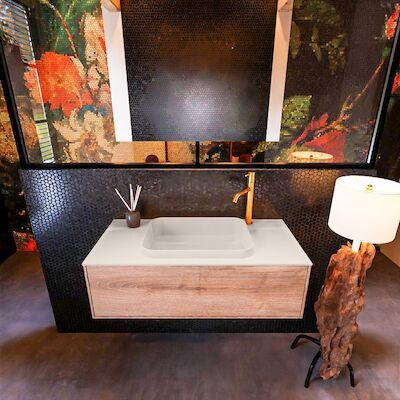 Badkamermeubelset Mondiaz Erin 100 cm met 1 Lade met RIDGE Wastafel Midden Linen met 1 kraangat Greeploos Mat Washed Oak