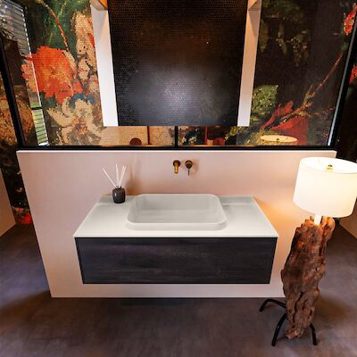 Badkamermeubelset Mondiaz Erin 100 cm met 1 Lade met RIDGE Wastafel Midden Linen Zonder Kraangaten Greeploos Mat Antracite