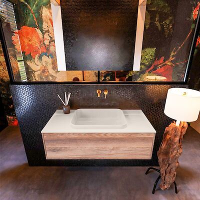 Badkamermeubelset Mondiaz Erin 100 cm met 1 Lade met RIDGE Wastafel Midden Linen Zonder Kraangaten Greeploos Mat Dark Brown Grey