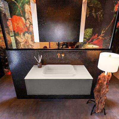 Badkamermeubelset Mondiaz Erin 100 cm met 1 Lade met RIDGE Wastafel Midden Linen Zonder Kraangaten Greeploos Mat Dark Grey