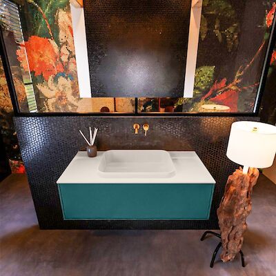 Badkamermeubelset Mondiaz Erin 100 cm met 1 Lade met RIDGE Wastafel Midden Linen Zonder Kraangaten Greeploos Mat Smag