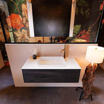 Badkamermeubelset Mondiaz Erin 100 cm met 1 Lade met RIDGE Wastafel Midden Talc met 1 kraangat Greeploos Mat Antracite