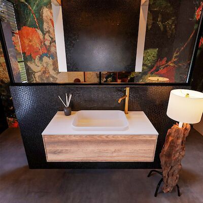 Badkamermeubelset Mondiaz Erin 100 cm met 1 Lade met RIDGE Wastafel Midden Talc met 1 kraangat Greeploos Mat Dark Brown Grey