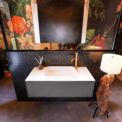 Badkamermeubelset Mondiaz Erin 100 cm met 1 Lade met RIDGE Wastafel Midden Talc met 1 kraangat Greeploos Mat Dark Grey