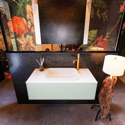 Badkamermeubelset Mondiaz Erin 100 cm met 1 Lade met RIDGE Wastafel Midden Talc met 1 kraangat Greeploos Mat Greey