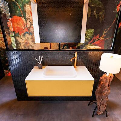 Badkamermeubelset Mondiaz Erin 100 cm met 1 Lade met RIDGE Wastafel Midden Talc met 1 kraangat Greeploos Mat Ocher