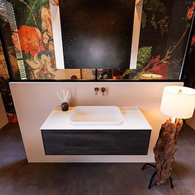Badkamermeubelset Mondiaz Erin 100 cm met 1 Lade met RIDGE Wastafel Midden Talc Zonder Kraangaten Greeploos Mat Antracite