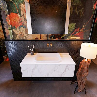 Badkamermeubelset Mondiaz Erin 100 cm met 1 Lade met RIDGE Wastafel Midden Talc Zonder Kraangaten Greeploos Mat Carrara