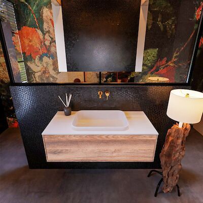 Badkamermeubelset Mondiaz Erin 100 cm met 1 Lade met RIDGE Wastafel Midden Talc Zonder Kraangaten Greeploos Mat Dark Brown Grey