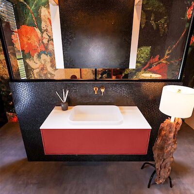 Badkamermeubelset Mondiaz Erin 100 cm met 1 Lade met RIDGE Wastafel Midden Talc Zonder Kraangaten Greeploos Mat Fire