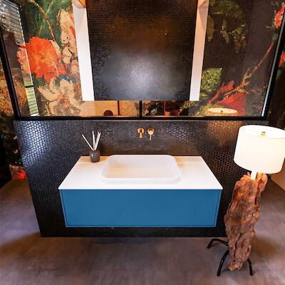 Badkamermeubelset Mondiaz Erin 100 cm met 1 Lade met RIDGE Wastafel Midden Talc Zonder Kraangaten Greeploos Mat Jeans