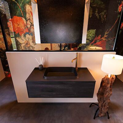 Badkamermeubelset Mondiaz Erin 100 cm met 1 Lade met RIDGE Wastafel Midden Urban met 1 kraangat Greeploos Mat Antracite