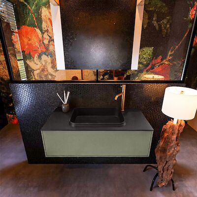 Badkamermeubelset Mondiaz Erin 100 cm met 1 Lade met RIDGE Wastafel Midden Urban met 1 kraangat Greeploos Mat Army