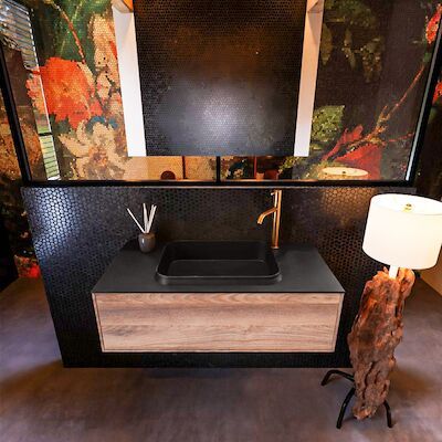 Badkamermeubelset Mondiaz Erin 100 cm met 1 Lade met RIDGE Wastafel Midden Urban met 1 kraangat Greeploos Mat Dark Brown Grey