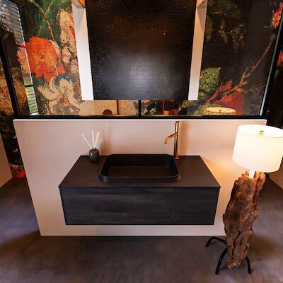 Badkamermeubelset Mondiaz Erin 100 cm met 1 Lade met RIDGE Wastafel Midden Urban met 1 kraangat Greeploos Mat Dark Brown
