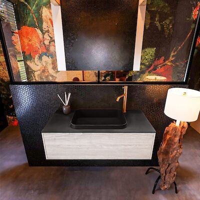 Badkamermeubelset Mondiaz Erin 100 cm met 1 Lade met RIDGE Wastafel Midden Urban met 1 kraangat Greeploos Mat Light Brown Grey