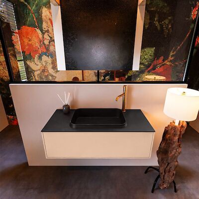 Badkamermeubelset Mondiaz Erin 100 cm met 1 Lade met RIDGE Wastafel Midden Urban met 1 kraangat Greeploos Mat Rosee