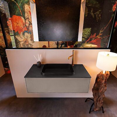 Badkamermeubelset Mondiaz Erin 100 cm met 1 Lade met RIDGE Wastafel Midden Urban met 1 kraangat Greeploos Mat Smoke