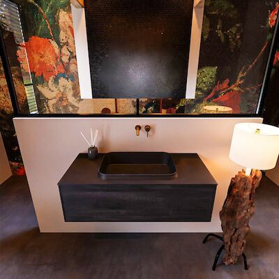 Badkamermeubelset Mondiaz Erin 100 cm met 1 Lade met RIDGE Wastafel Midden Urban Zonder Kraangaten Greeploos Mat Antracite