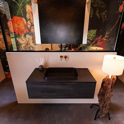 Badkamermeubelset Mondiaz Erin 100 cm met 1 Lade met RIDGE Wastafel Midden Urban Zonder Kraangaten Greeploos Mat Dark Brown