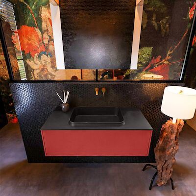 Badkamermeubelset Mondiaz Erin 100 cm met 1 Lade met RIDGE Wastafel Midden Urban Zonder Kraangaten Greeploos Mat Fire