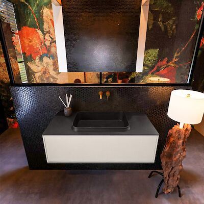 Badkamermeubelset Mondiaz Erin 100 cm met 1 Lade met RIDGE Wastafel Midden Urban Zonder Kraangaten Greeploos Mat Linen