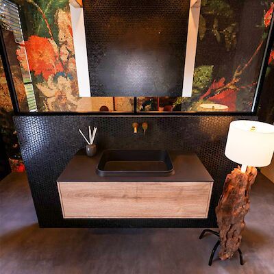 Badkamermeubelset Mondiaz Erin 100 cm met 1 Lade met RIDGE Wastafel Midden Urban Zonder Kraangaten Greeploos Mat Washed Oak
