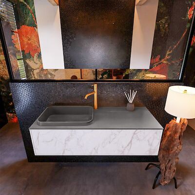 Badkamermeubelset Mondiaz Erin 120 cm met 1 Lade met RIDGE Wastafel Links Dark grey met 1 kraangat Greeploos Mat Carrara