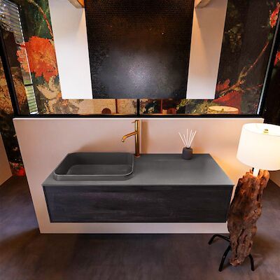 Badkamermeubelset Mondiaz Erin 120 cm met 1 Lade met RIDGE Wastafel Links Dark grey met 1 kraangat Greeploos Mat Dark Brown