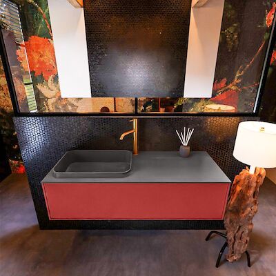 Badkamermeubelset Mondiaz Erin 120 cm met 1 Lade met RIDGE Wastafel Links Dark grey met 1 kraangat Greeploos Mat Fire