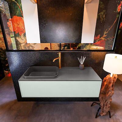 Badkamermeubelset Mondiaz Erin 120 cm met 1 Lade met RIDGE Wastafel Links Dark grey met 1 kraangat Greeploos Mat Greey