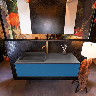Badkamermeubelset Mondiaz Erin 120 cm met 1 Lade met RIDGE Wastafel Links Dark grey met 1 kraangat Greeploos Mat Jeans
