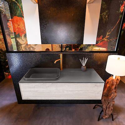 Badkamermeubelset Mondiaz Erin 120 cm met 1 Lade met RIDGE Wastafel Links Dark grey met 1 kraangat Greeploos Mat Light Brown Grey