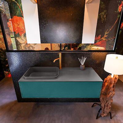 Badkamermeubelset Mondiaz Erin 120 cm met 1 Lade met RIDGE Wastafel Links Dark grey met 1 kraangat Greeploos Mat Smag