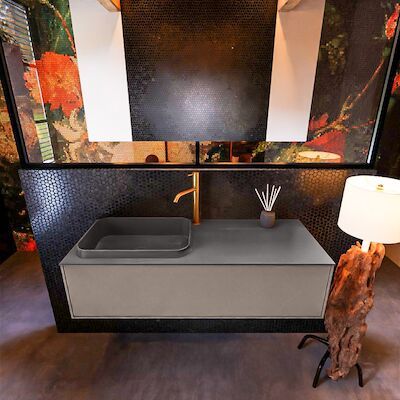 Badkamermeubelset Mondiaz Erin 120 cm met 1 Lade met RIDGE Wastafel Links Dark grey met 1 kraangat Greeploos Mat Smoke