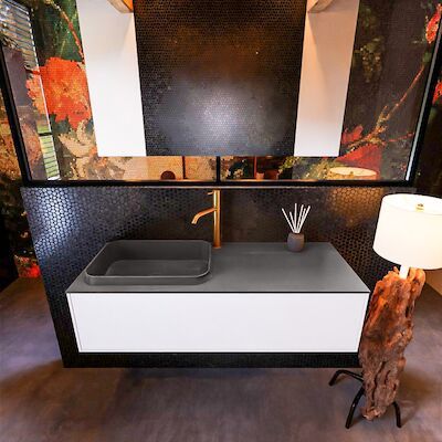 Badkamermeubelset Mondiaz Erin 120 cm met 1 Lade met RIDGE Wastafel Links Dark grey met 1 kraangat Greeploos Mat Talc