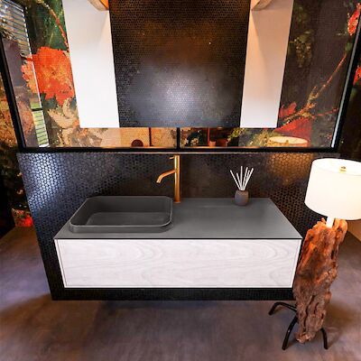 Badkamermeubelset Mondiaz Erin 120 cm met 1 Lade met RIDGE Wastafel Links Dark grey met 1 kraangat Greeploos Mat Underlayment