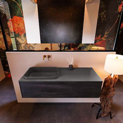 Badkamermeubelset Mondiaz Erin 120 cm met 1 Lade met RIDGE Wastafel Links Dark grey Zonder Kraangaten Greeploos Mat Antracite