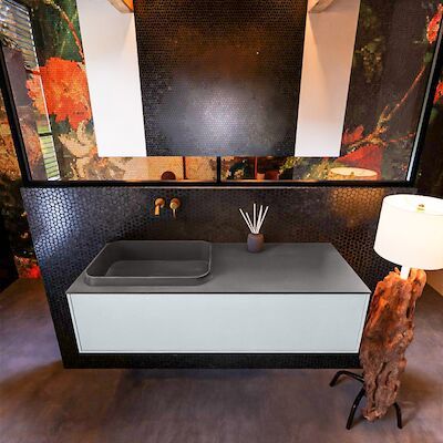 Badkamermeubelset Mondiaz Erin 120 cm met 1 Lade met RIDGE Wastafel Links Dark grey Zonder Kraangaten Greeploos Mat Clay