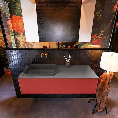 Badkamermeubelset Mondiaz Erin 120 cm met 1 Lade met RIDGE Wastafel Links Dark grey Zonder Kraangaten Greeploos Mat Fire