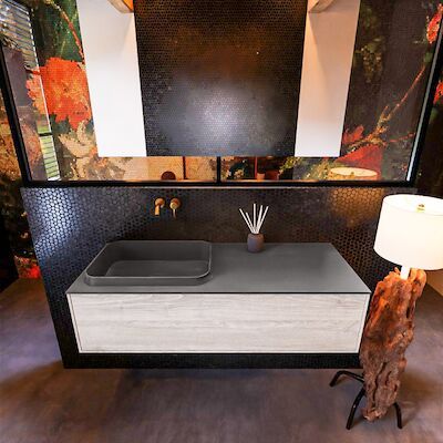 Badkamermeubelset Mondiaz Erin 120 cm met 1 Lade met RIDGE Wastafel Links Dark grey Zonder Kraangaten Greeploos Mat Light Brown Grey