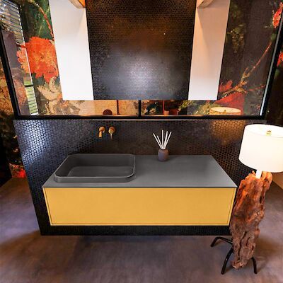 Badkamermeubelset Mondiaz Erin 120 cm met 1 Lade met RIDGE Wastafel Links Dark grey Zonder Kraangaten Greeploos Mat Ocher