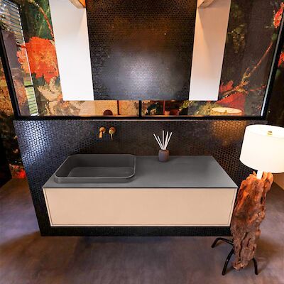 Badkamermeubelset Mondiaz Erin 120 cm met 1 Lade met RIDGE Wastafel Links Dark grey Zonder Kraangaten Greeploos Mat Rosee