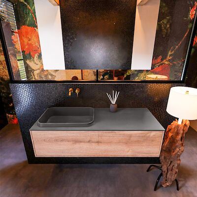 Badkamermeubelset Mondiaz Erin 120 cm met 1 Lade met RIDGE Wastafel Links Dark grey Zonder Kraangaten Greeploos Mat Washed Oak