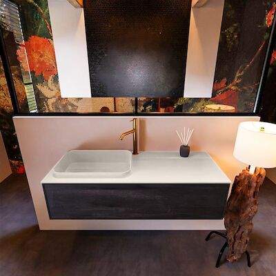 Badkamermeubelset Mondiaz Erin 120 cm met 1 Lade met RIDGE Wastafel Links Linen met 1 kraangat Greeploos Mat Antracite