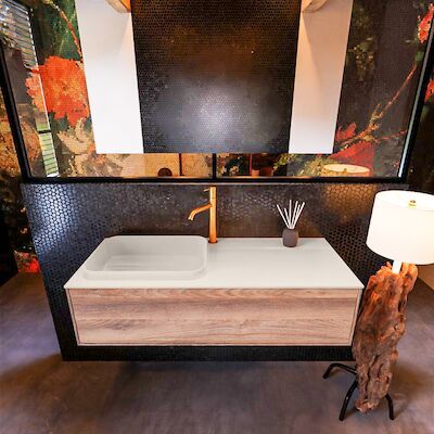 Badkamermeubelset Mondiaz Erin 120 cm met 1 Lade met RIDGE Wastafel Links Linen met 1 kraangat Greeploos Mat Dark Brown Grey