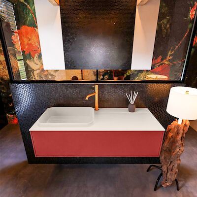 Badkamermeubelset Mondiaz Erin 120 cm met 1 Lade met RIDGE Wastafel Links Linen met 1 kraangat Greeploos Mat Fire