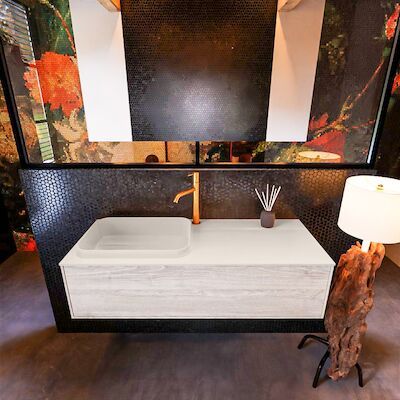 Badkamermeubelset Mondiaz Erin 120 cm met 1 Lade met RIDGE Wastafel Links Linen met 1 kraangat Greeploos Mat Light Brown Grey