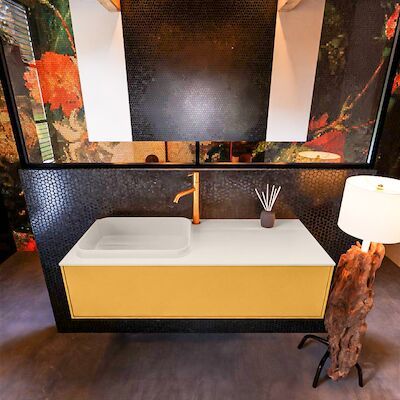 Badkamermeubelset Mondiaz Erin 120 cm met 1 Lade met RIDGE Wastafel Links Linen met 1 kraangat Greeploos Mat Ocher